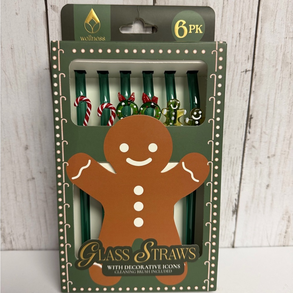 Christmas Holiday 6 Pk Glass Decorative Gingerbread Wreath Candy Cane Straws NWT